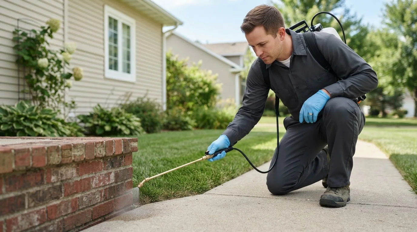 Pest control technician treating a home near Beverly, MA